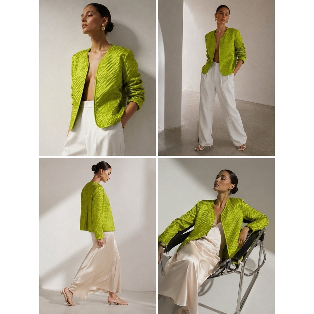 Chico's Lime Green Silk Textured Open Blazer